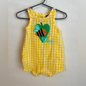 Old Navy Yellow Cotton Sleeveless Gingham Bee Happy Baby Romper size 3/6M